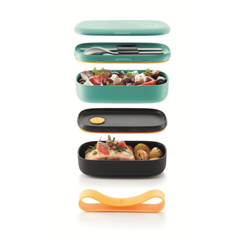 Σετ 2 τεμαχίων κουτιά για φαγητό Lekue On The Go 1010220, 500 ml, Αεροστεγές κλείσιμο, Θήκη για μαχαιροπίρουνα, Βαλβίδα για φούρνο μικροκυμάτων, Τυρκουάζ