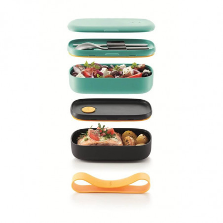 Σετ 2 τεμαχίων κουτιά για φαγητό Lekue On The Go 1010220, 500 ml, Αεροστεγές κλείσιμο, Θήκη για μαχαιροπίρουνα, Βαλβίδα για φούρνο μικροκυμάτων, Τυρκουάζ