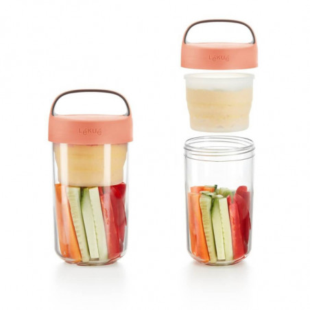 Μπουκάλι με διαχωριστικά Lekue On The Go 1010226, 600 ml, -20/+100°C, Αεροστεγές κλείσιμο, Λαβή, Κοράλλι