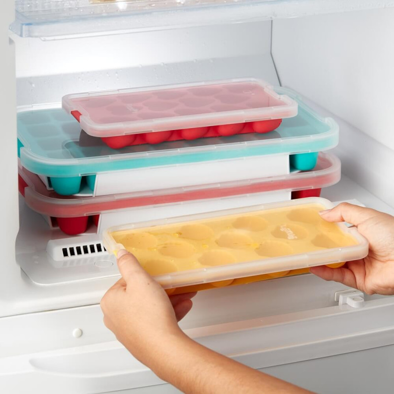 Φόρμα για παγάκια με καπάκι Lekue 1010247, 23x12x3,2 εκ., 18 σφαιρίδια, Στεατίνη, -40°C / +60°C, Κόκκινο