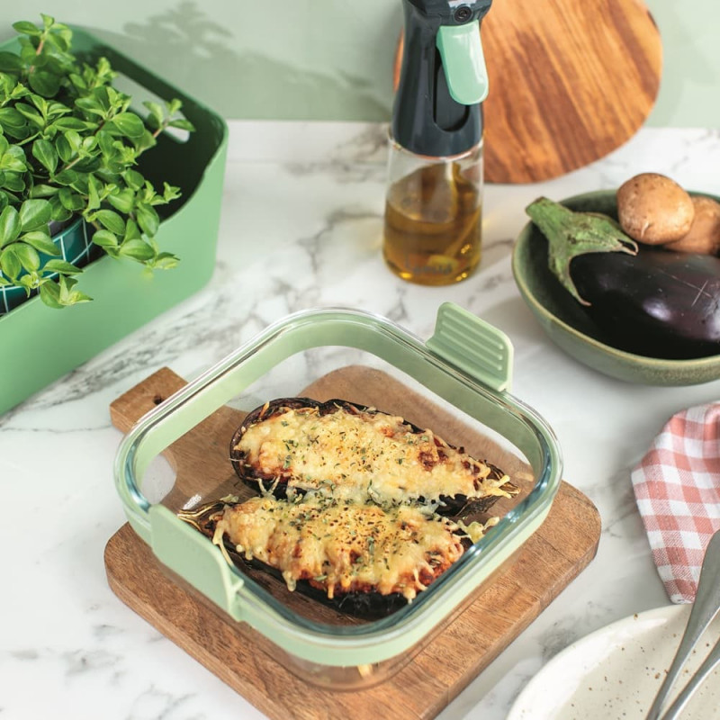 Φόρμα για φούρνο με ζεστό αέρα Lekue 1010159, 18,5x17,5x9,5 cm, Γυαλί, Αντιολισθητικές λαβές, -20/+220°C, Εύκολο καθάρισμα, Πράσινο