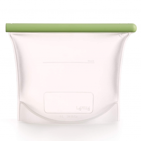 Σακούλα για αποθήκευση και κατάψυξη υγρών και τροφίμων Lekue 1010209, 1 λίτρο, σιλικόνη, χωρίς διαρροές, πεδίο για εγγραφή, πολυλειτουργική, -60/+220°C, πράσινη