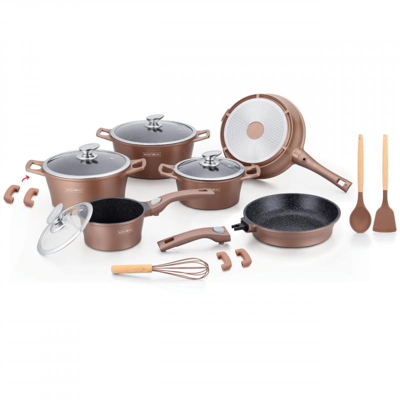 Σετ κατσαρόλες και τηγάνι Royalty Line RL-ES2014M, 17 τεμάχια, Μαρμάρινη επίστρωση, Επαγωγική εστία, Χάλκινο χρώμα
