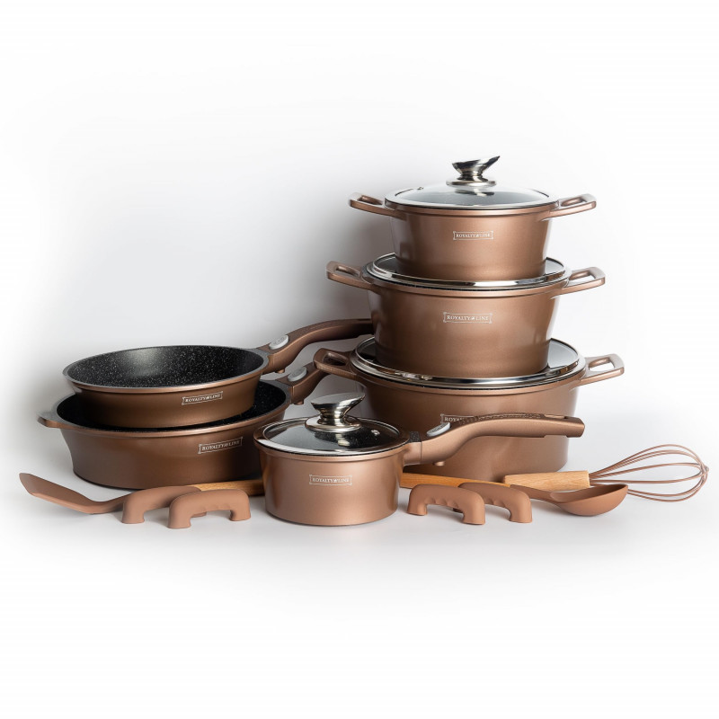 Σετ κατσαρόλες και τηγάνι Royalty Line RL-ES2014M, 17 τεμάχια, Μαρμάρινη επίστρωση, Επαγωγική εστία, Χάλκινο χρώμα