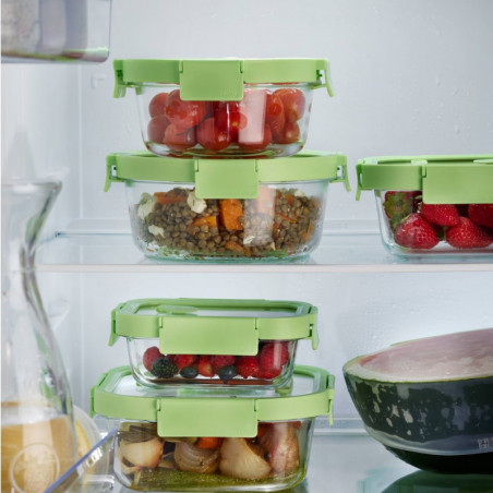 Σετ 3 κουτιά αποθήκευσης Lekue 1009492, Γυάλινα καπάκια, Εξάρτημα σήμανσης, Σιλικόνη, -20°C / +100°C, Πράσινο