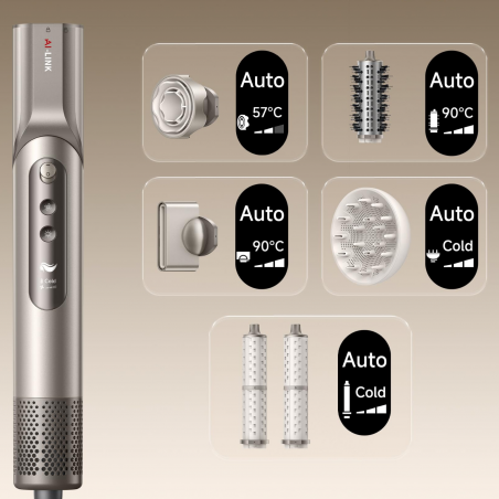 Στεγνωτήρας και στυλίστας/πολυστυλίστας Dreame Dazzle AZD20A, 1400W, 65 m/s, 3 ρυθμίσεις ταχύτητας και ρυθμού, Ιονισμός, Οθόνη, Τιτάνιο χρυσό