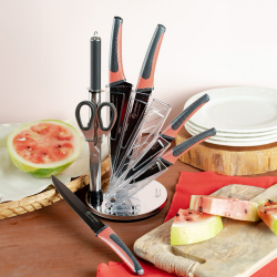 Σετ μαχαιριών Edenberg EB-952, 5 τεμ., ανθρακούχος χάλυβας, ψαλίδι + ακονιστήρι, ακρυλική βάση, μαύρο/κόκκινο