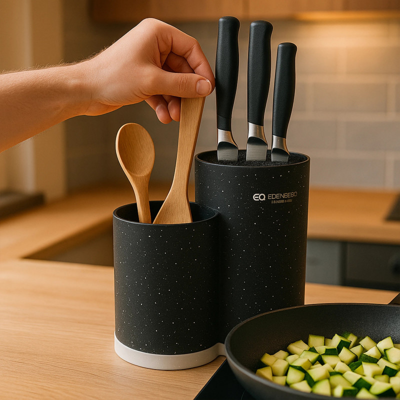 Θήκη για μαχαίρια και μαχαιροπίρουνα Edenberg EB-5105B, 22x20 cm, έως 10 μαχαίρια, 2 διαμερίσματα, εύκολο καθάρισμα, μαλακή επένδυση, μαύρο