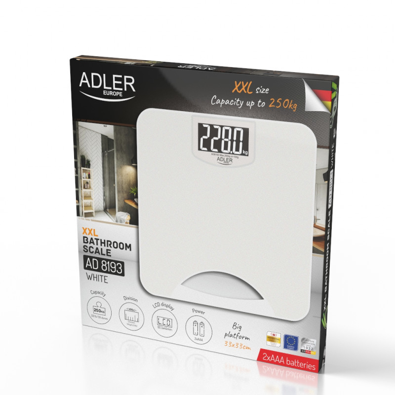 Ζυγαριά Adler AD 8193, Έως 250 kg, LCD, Ενδείξεις μπαταρίας και υπερφόρτωσης, Αντιολισθητική, Λευκή