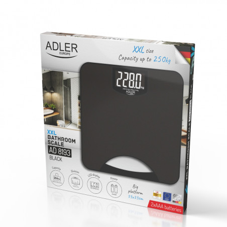 Ζυγαριά Adler AD 8193, Έως 250 kg, LCD, Ενδείξεις μπαταρίας και υπερφόρτωσης, Αντιολισθητική, Μαύρο