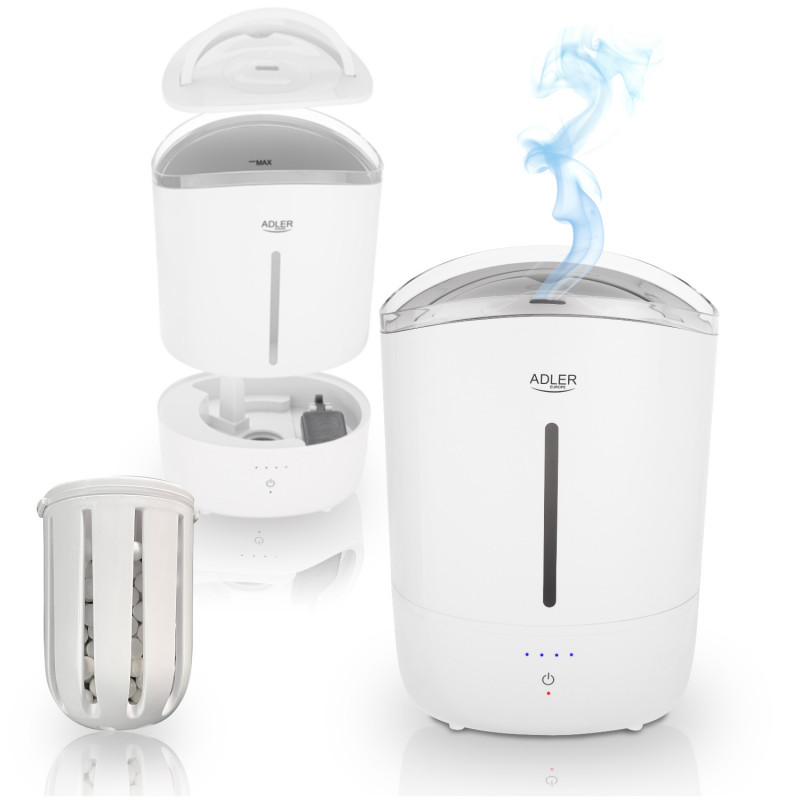 Υγραντήρας αέρα Adler AD 7971, 30W, Έως 20m2, 5 λίτρα, 150-300 ml/ώρα, Υπερήχοι, Έως 50 ώρες με μία πλήρωση, Λευκό