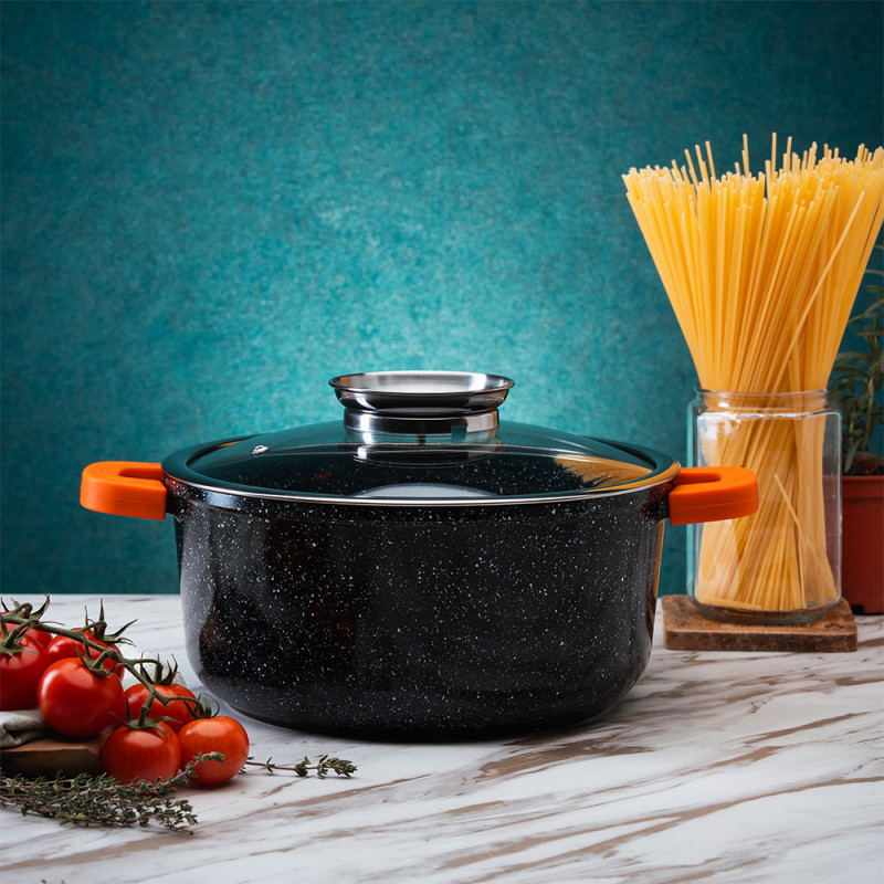 Ψησταριά Oliver Voltz OV54323C28A, 28 cm, 6.5 l, γυάλινο καπάκι, μαρμάρινο φινίρισμα, επαγωγή, μαύρο