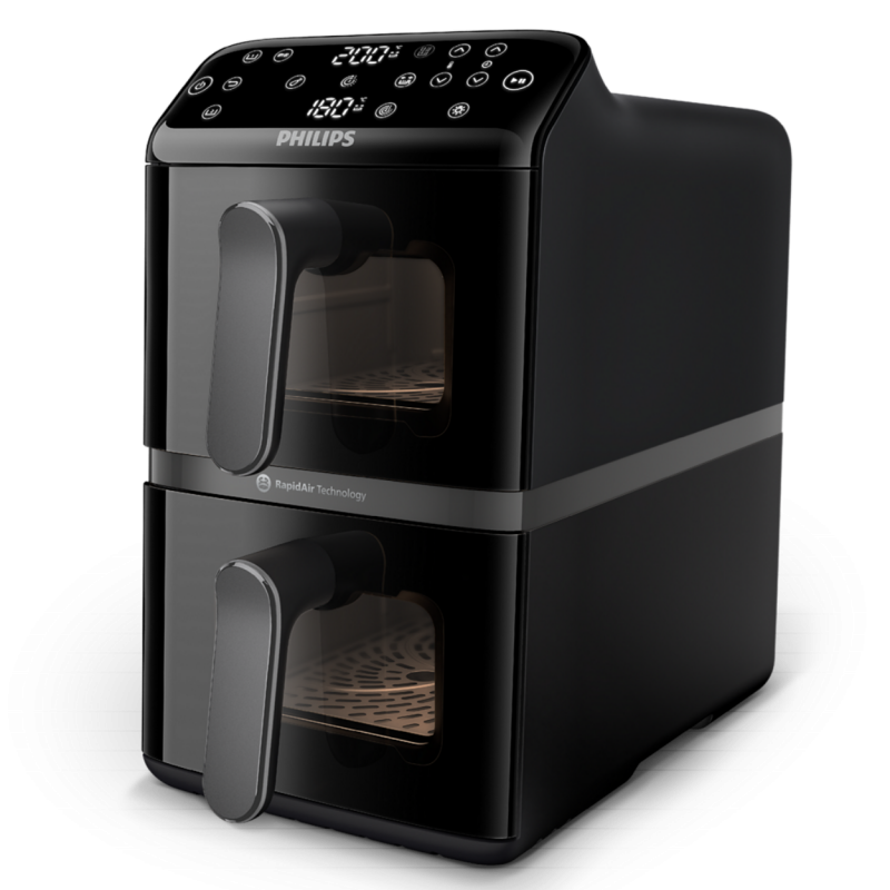 Διπλή κάθετη φριτέζα με ζεστό αέρα Philips Dual Stack 4000 NA460/00, 2750W, 10 λίτρα, 13 προγράμματα, 40-220°C, Συγχρονισμός, Κεραμική επίστρωση χωρίς PFAS, Παράθυρο, Μαύρο
