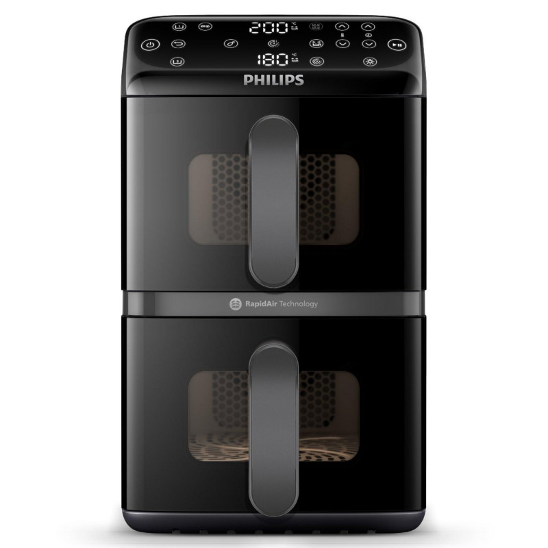 Διπλή κάθετη φριτέζα με ζεστό αέρα Philips Dual Stack 4000 NA460/00, 2750W, 10 λίτρα, 13 προγράμματα, 40-220°C, Συγχρονισμός, Κεραμική επίστρωση χωρίς PFAS, Παράθυρο, Μαύρο