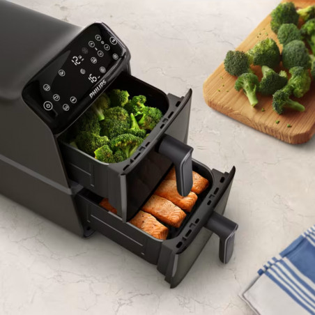 Διπλή κάθετη φριτέζα με ζεστό αέρα Philips Dual Stack 4000 NA460/00, 2750W, 10 λίτρα, 13 προγράμματα, 40-220°C, Συγχρονισμός, Κεραμική επίστρωση χωρίς PFAS, Παράθυρο, Μαύρο