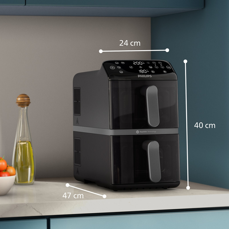 Διπλή κάθετη φριτέζα με ζεστό αέρα Philips Dual Stack 4000 NA460/00, 2750W, 10 λίτρα, 13 προγράμματα, 40-220°C, Συγχρονισμός, Κεραμική επίστρωση χωρίς PFAS, Παράθυρο, Μαύρο