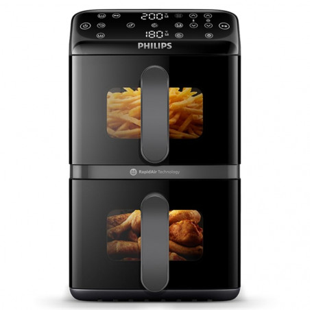 Διπλή κάθετη φριτέζα με ζεστό αέρα Philips Dual Stack 4000 NA460/00, 2750W, 10 λίτρα, 13 προγράμματα, 40-220°C, Συγχρονισμός, Κεραμική επίστρωση χωρίς PFAS, Παράθυρο, Μαύρο
