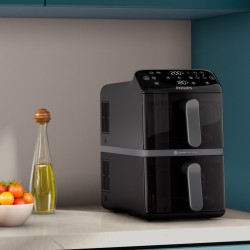 Διπλή κάθετη φριτέζα με ζεστό αέρα Philips Dual Stack 4000 NA460/00, 2750W, 10 λίτρα, 13 προγράμματα, 40-220°C, Συγχρονισμός, Κεραμική επίστρωση χωρίς PFAS, Παράθυρο, Μαύρο