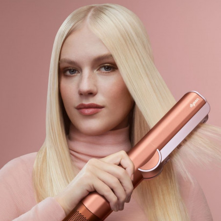 Πρέσα μαλλιών Dyson HT01 Airstrait Amsi/Pkcp 143343-01, 1600W, Max 140C, Ιονισμός, 6 επίπεδα θερμοκρασίας, Προστασία των μαλλιών, Επίστρωση χαλκού, Οθόνη LCD, Κεχριμπάρι/ροζ σαμπάνια