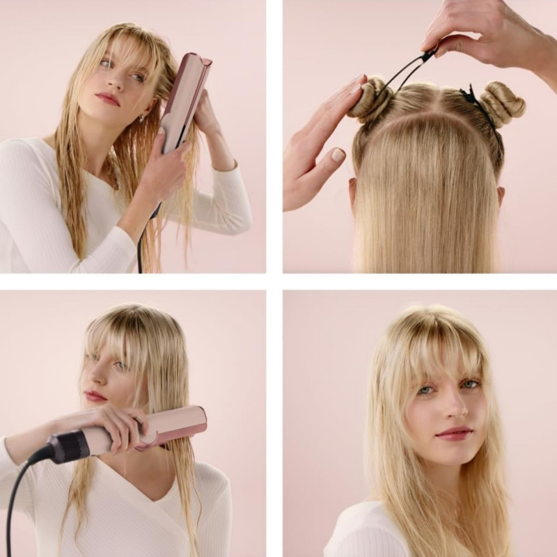 Πρέσα μαλλιών Dyson HT01 Airstrait Amsi/Pkcp 143343-01, 1600W, Max 140C, Ιονισμός, 6 επίπεδα θερμοκρασίας, Προστασία των μαλλιών, Επίστρωση χαλκού, Οθόνη LCD, Κεχριμπάρι/ροζ σαμπάνια