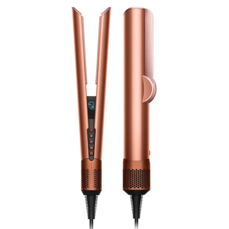 Πρέσα μαλλιών Dyson HT01 Airstrait Amsi/Pkcp 143343-01, 1600W, Max 140C, Ιονισμός, 6 επίπεδα θερμοκρασίας, Προστασία των μαλλιών, Επίστρωση χαλκού, Οθόνη LCD, Κεχριμπάρι/ροζ σαμπάνια