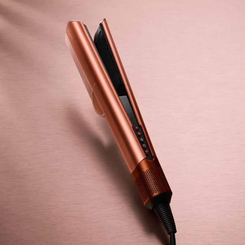 Πρέσα μαλλιών Dyson HT01 Airstrait Amsi/Pkcp 143343-01, 1600W, Max 140C, Ιονισμός, 6 επίπεδα θερμοκρασίας, Προστασία των μαλλιών, Επίστρωση χαλκού, Οθόνη LCD, Κεχριμπάρι/ροζ σαμπάνια