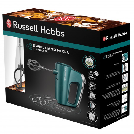 Χειροκίνητο μίξερ Russell Hobbs Swirl 25891-56, 350 W, 5 ταχύτητες, λειτουργία Turbo, κουμπί για εξαρτήματα, High Performance Helix Beater, χωρίς BPA, τυρκουάζ