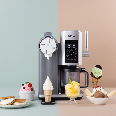 Μηχανή παγωτού 13-σε-1 Ninja CREAMi Scoop & Swirl™ NC701EU, 800 W, 13 προγράμματα, μοχλός 3 θέσεων για χωνάκια, CreamiFit, Creamify, 2 δοχεία 473 ml, δυνατότητα εξατομίκευσης, γκρι/μαύρο