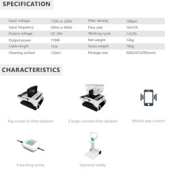 Ρομπότ πισίνας Opson Pro, 118 W, 130 m², 10-35 °C, 16 m³/h, γυροσκόπιο, 3 λειτουργίες, τριπλός κινητήρας, Λευκό/μαύρο