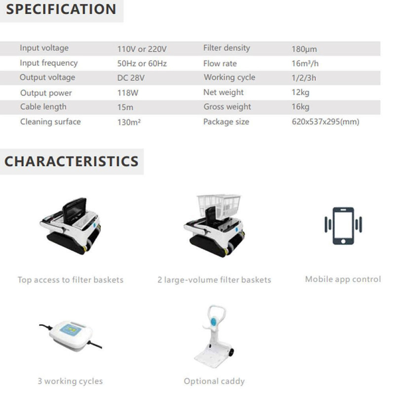 Ρομπότ πισίνας Opson Pro, 118 W, 130 m², 10-35 °C, 16 m³/h, γυροσκόπιο, 3 λειτουργίες, τριπλός κινητήρας, Λευκό/μαύρο