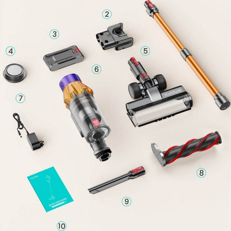 Κάθετη ηλεκτρική σκούπα Honiture X7 CJD239, 550 W, 45 kPa, 1,5 λίτρα, 60 λεπτά, 3 λειτουργίες, ρυθμιζόμενο ύψος, HEPA, οθόνη αφής, βούρτσα LED, νικέλιο/κίτρινο