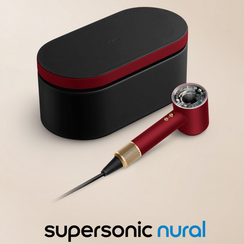 Στεγνωτήρας μαλλιών Dyson Supersonic Nural HD16 RdVe/Gd Straight+Wavy 493117-01, 1600 W, 3 ταχύτητες, 4 θερμοκρασίες, αρνητικά ιόντα, 5 εξαρτήματα, προστασία του τριχωτού της κεφαλής, κόκκινο βελούδο/χρυσό