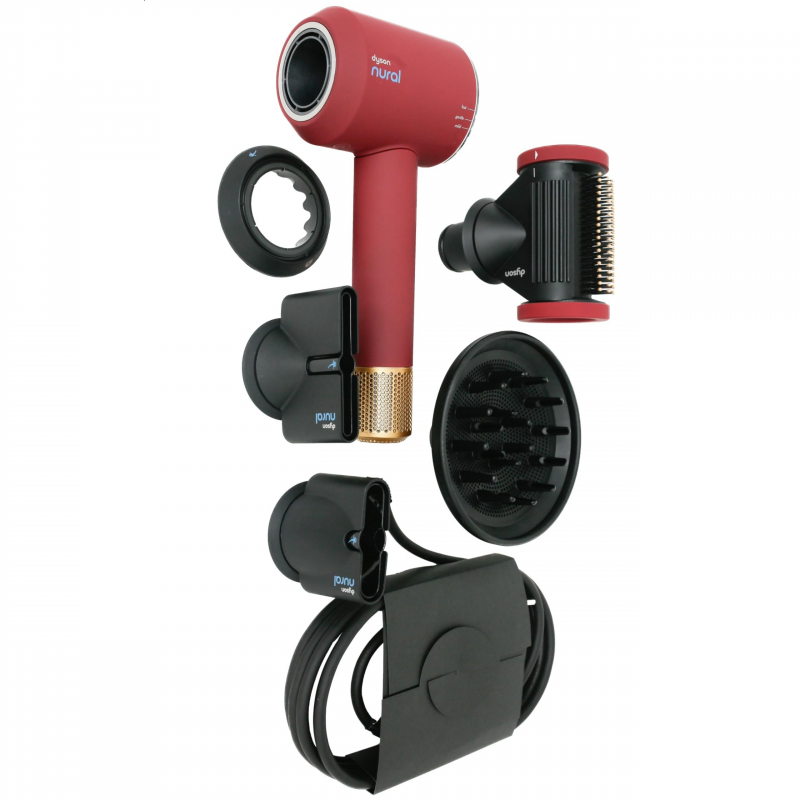 Στεγνωτήρας μαλλιών Dyson Supersonic Nural HD16 RdVe/Gd Straight+Wavy 493117-01, 1600 W, 3 ταχύτητες, 4 θερμοκρασίες, αρνητικά ιόντα, 5 εξαρτήματα, προστασία του τριχωτού της κεφαλής, κόκκινο βελούδο/χρυσό