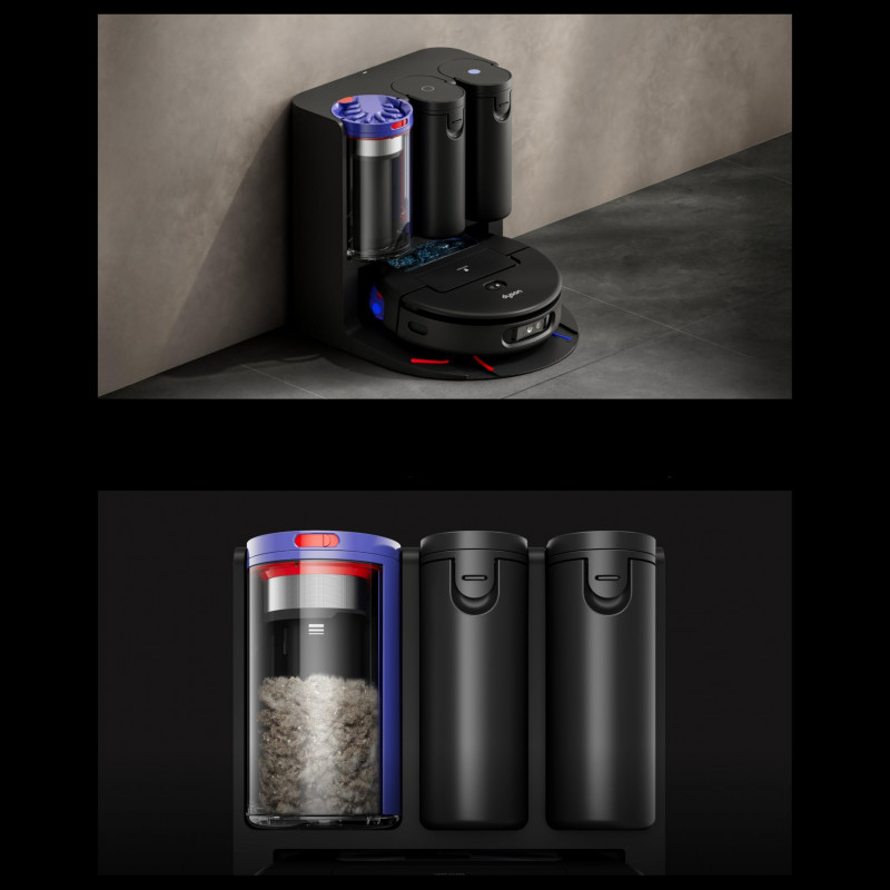 Ρομποτική σκούπα Dyson Spot+Scrub Ai 586183-01, 18.000 Pa, 3 λίτρα, Στεγνό/υγρό, Αναγνώριση λεκέδων, Αυτόματη βάση φόρτισης, Μαύρο/Μπλε