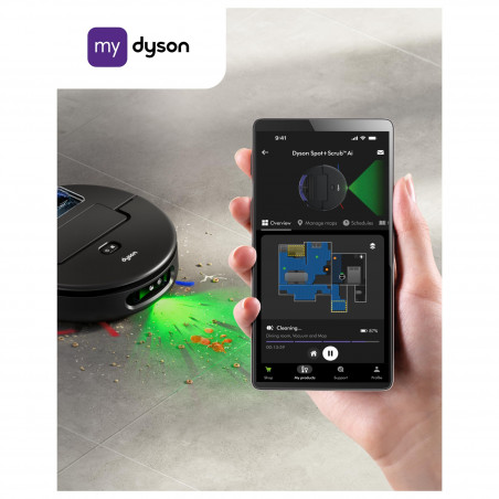 Ρομποτική σκούπα Dyson Spot+Scrub Ai 586183-01, 18.000 Pa, 3 λίτρα, Στεγνό/υγρό, Αναγνώριση λεκέδων, Αυτόματη βάση φόρτισης, Μαύρο/Μπλε