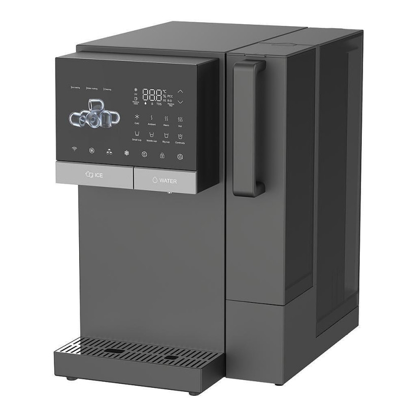 Διανομέας νερού με παγομηχανή ELIXIR Ice, 2100 W, Θέρμανση 18 λ/ώρα, Ψύξη 2,5 λ/ώρα, 4-90 °C, Φιλτράρισμα 3 σταδίων, Οθόνη αφής, UVC, Με συμπιεστή, Σκούρο γκρι