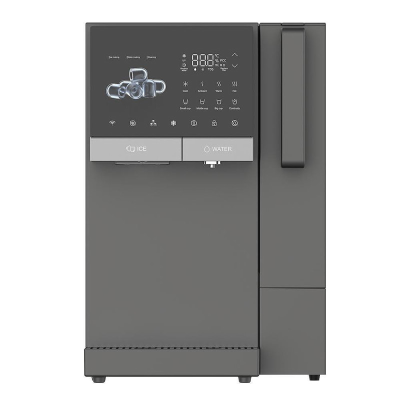 Διανομέας νερού με παγομηχανή ELIXIR Ice, 2100 W, Θέρμανση 18 λ/ώρα, Ψύξη 2,5 λ/ώρα, 4-90 °C, Φιλτράρισμα 3 σταδίων, Οθόνη αφής, UVC, Με συμπιεστή, Σκούρο γκρι