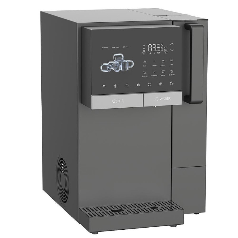 Διανομέας νερού με παγομηχανή ELIXIR Ice, 2100 W, Θέρμανση 18 λ/ώρα, Ψύξη 2,5 λ/ώρα, 4-90 °C, Φιλτράρισμα 3 σταδίων, Οθόνη αφής, UVC, Με συμπιεστή, Σκούρο γκρι