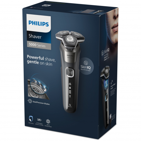 Ηλεκτρική ξυριστική μηχανή Philips Shaver Series 5000 S5887/10, 9 W, 60 λεπτά, Χρήση σε στεγνό ή βρεγμένο δέρμα, Ενσωματωμένο τρίμερ, SkinIQ, PowerAdapt, Κεφαλές 360°, Αυτοακονιζόμενες λεπίδες, Γκρι ανθρακί