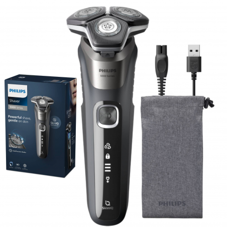 Ηλεκτρική ξυριστική μηχανή Philips Shaver Series 5000 S5887/10, 9 W, 60 λεπτά, Χρήση σε στεγνό ή βρεγμένο δέρμα, Ενσωματωμένο τρίμερ, SkinIQ, PowerAdapt, Κεφαλές 360°, Αυτοακονιζόμενες λεπίδες, Γκρι ανθρακί