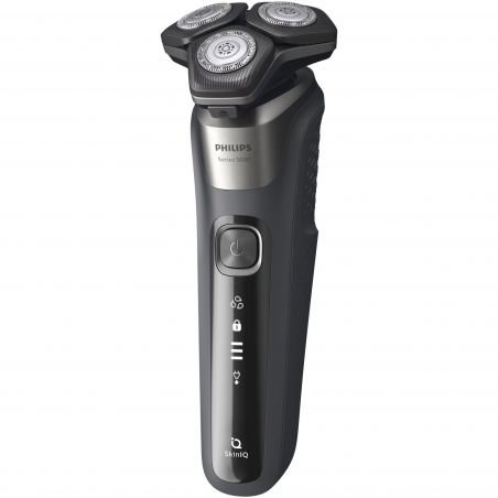 Ηλεκτρική ξυριστική μηχανή Philips Shaver Series 5000 S5887/10, 9 W, 60 λεπτά, Χρήση σε στεγνό ή βρεγμένο δέρμα, Ενσωματωμένο τρίμερ, SkinIQ, PowerAdapt, Κεφαλές 360°, Αυτοακονιζόμενες λεπίδες, Γκρι ανθρακί