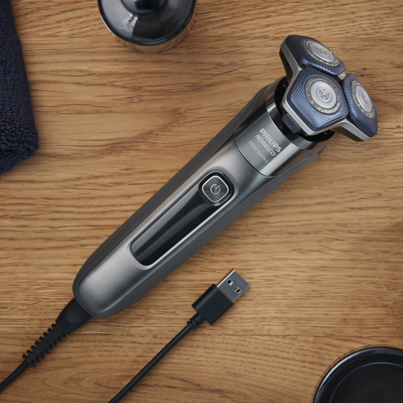 Ηλεκτρική ξυριστική μηχανή Philips Shaver Series 5000 S5887/10, 9 W, 60 λεπτά, Χρήση σε στεγνό ή βρεγμένο δέρμα, Ενσωματωμένο τρίμερ, SkinIQ, PowerAdapt, Κεφαλές 360°, Αυτοακονιζόμενες λεπίδες, Γκρι ανθρακί