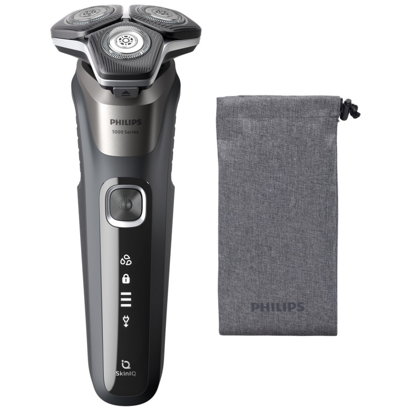 Ηλεκτρική ξυριστική μηχανή Philips Shaver Series 5000 S5887/10, 9 W, 60 λεπτά, Χρήση σε στεγνό ή βρεγμένο δέρμα, Ενσωματωμένο τρίμερ, SkinIQ, PowerAdapt, Κεφαλές 360°, Αυτοακονιζόμενες λεπίδες, Γκρι ανθρακί