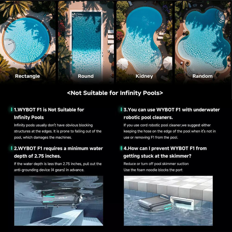 Σκίμερ για τον καθαρισμό της επιφάνειας του νερού σε πισίνες Wybot F1, Ηλιακή / DC φόρτιση, Έως 8 ώρες, 7 λίτρα, Εφαρμογή για κινητά, Μαύρο