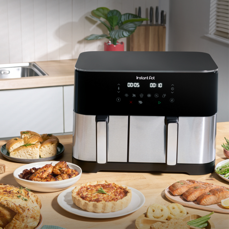 Διπλή φριτέζα θερμού αέρα 8 σε 1 Instant Pot Vortex DUAL SPLIT, 2600 W, 11 λίτρα, 205 °C, EvenCrisp, Συγχρονισμένο μαγείρεμα, Έλεγχος μέσω οθόνης αφής, Μαύρο/ανοξείδωτο