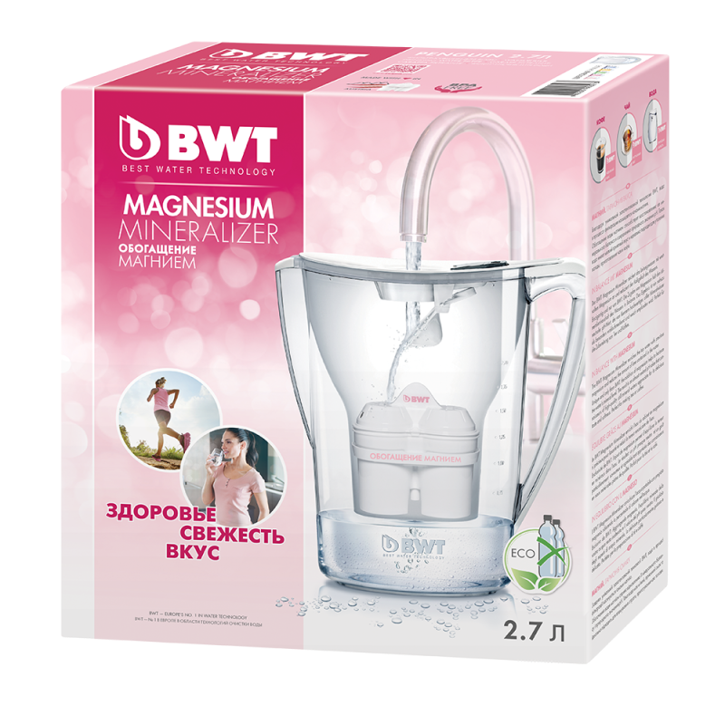 Κανάτα φιλτραρίσματος νερού Nitec BWT B706 PENGUIN, 2,7 λίτρα, Εμπλουτισμός με μαγνήσιο, Ηλεκτρονική ένδειξη, Ροζ
