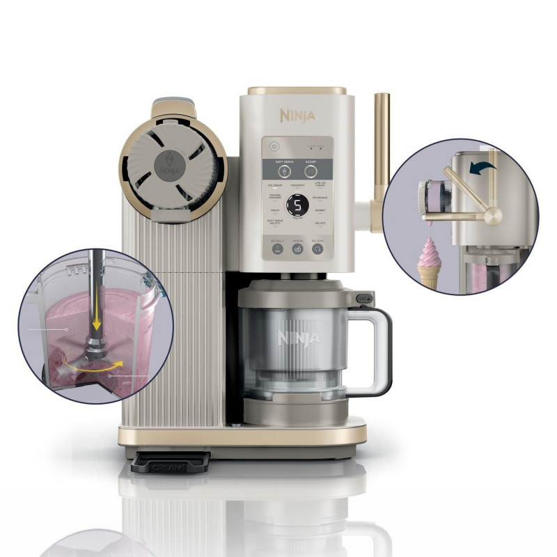 Μηχανή παγωτού 13-σε-1 Ninja CREAMi Scoop & Swirl™ NC701EUSTGD, 800 W, 13 προγράμματα, μοχλός 3 θέσεων για χωνάκια, CreamiFit, Creamify, 2 δοχεία 473 ml, δυνατότητα εξατομίκευσης, κρεμ/χρυσό