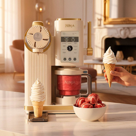 Μηχανή παγωτού 13-σε-1 Ninja CREAMi Scoop & Swirl™ NC701EUSTGD, 800 W, 13 προγράμματα, μοχλός 3 θέσεων για χωνάκια, CreamiFit, Creamify, 2 δοχεία 473 ml, δυνατότητα εξατομίκευσης, κρεμ/χρυσό