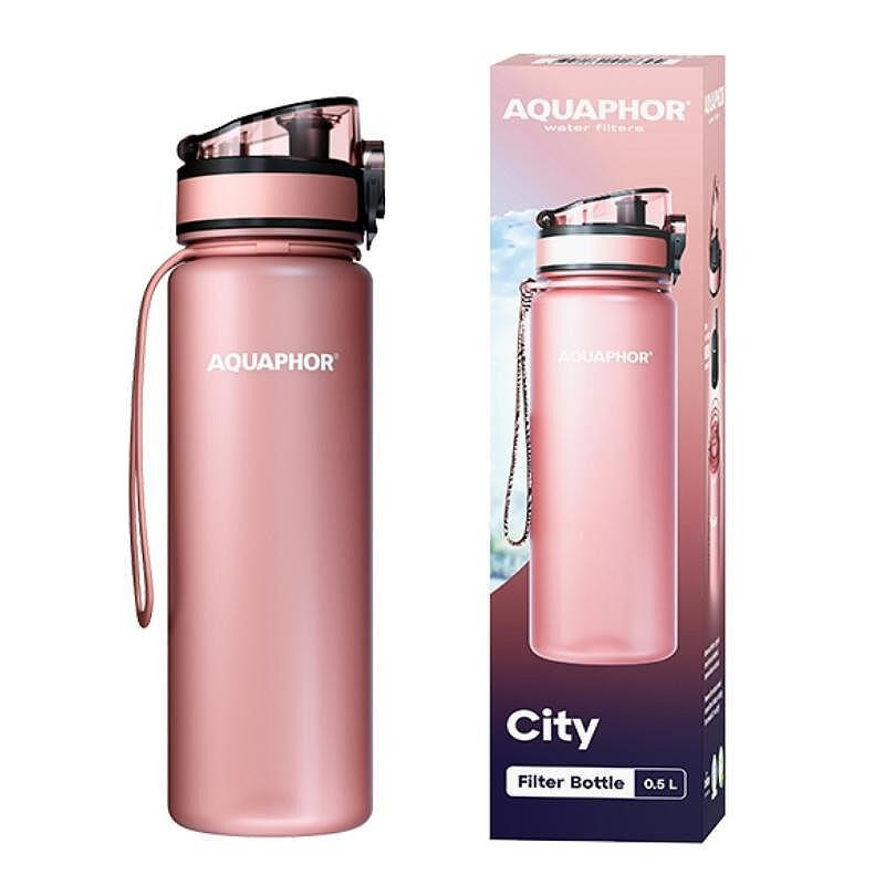 Φιάλη νερού με φίλτρο Aquaphor City 160041, 500 ml, Tritan, Ενεργός άνθρακας, Aqualen, Κάλυμμα με κλείδωμα, Ροζ