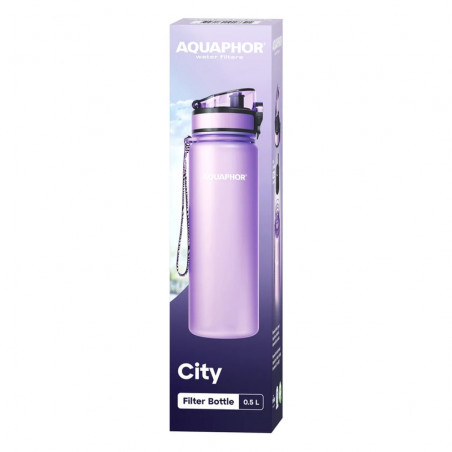 Φιάλη νερού με φίλτρο Aquaphor City 160042, 500 ml, Tritan, Ενεργός άνθρακας, Aqualen, Κάλυμμα με κλείδωμα, Λεβάντα